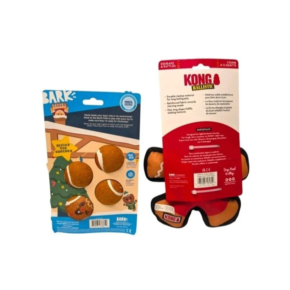 BARK Gingerball Boys Tennis Balls & KONG Ballistic Gingerbread Dog Toy Lot New